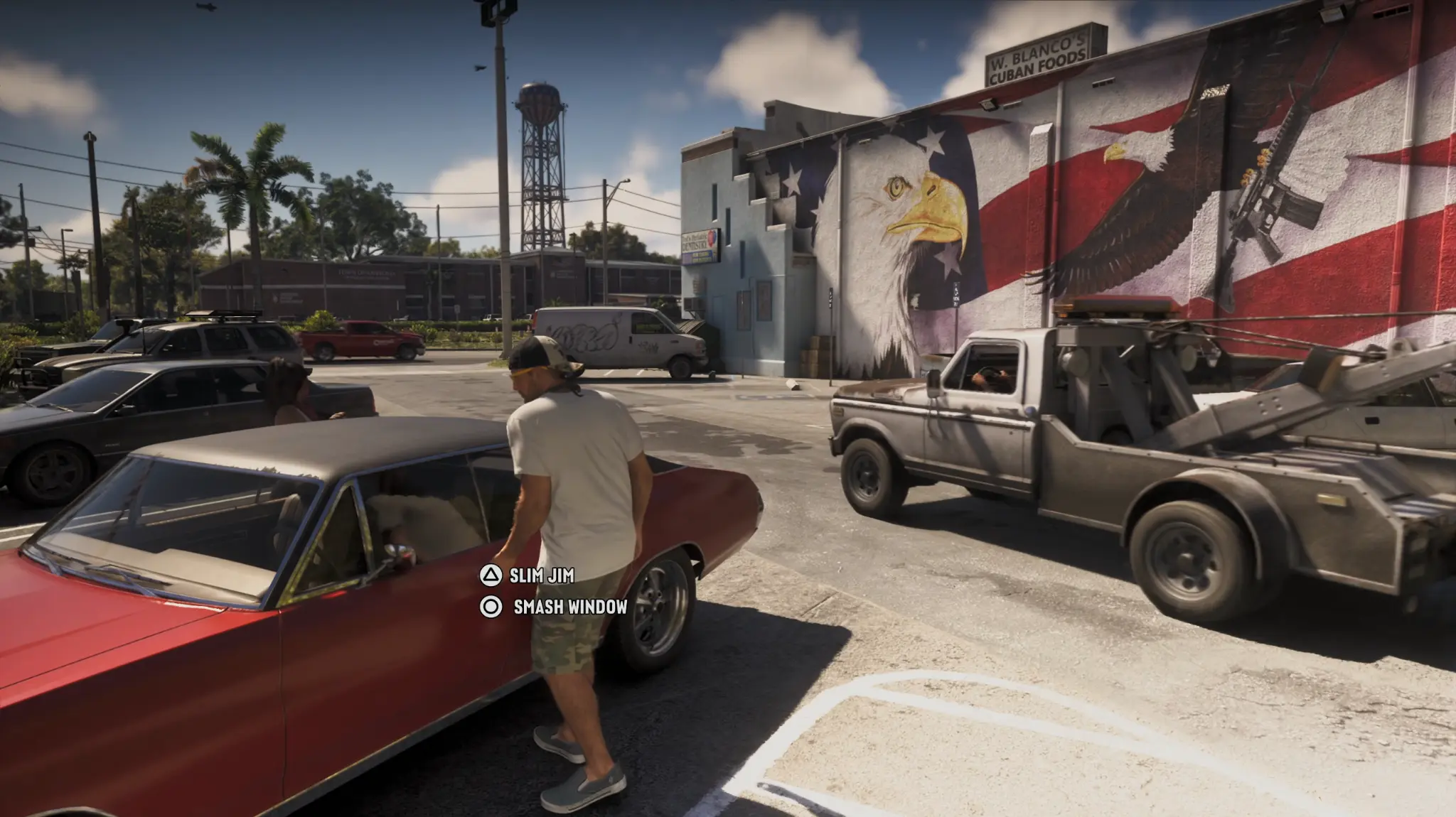 Jason junto a un coche con las opciones Slim Jim y Smash Window en GTA VI